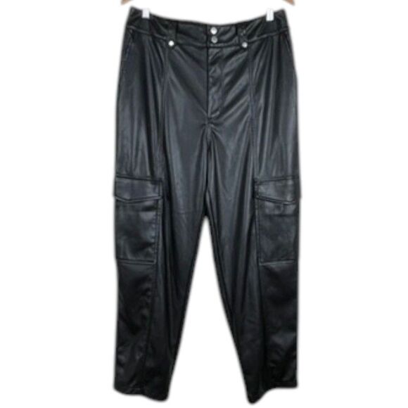 7 For All Mankind Faux Leather Pants Large Women Black High Rise Vegan Cargo EUC - Picture 16 of 16